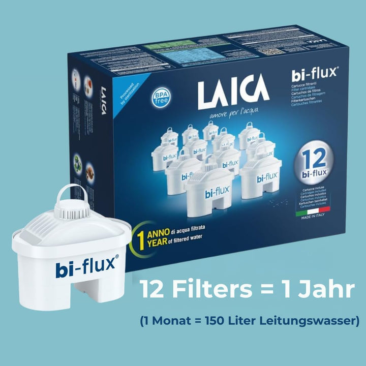 Laica Filterkartuschen bi-Flux im 12er Pack, Wasserfilter, Jahresvorrat Kartuschen, Kunststoff, Weis