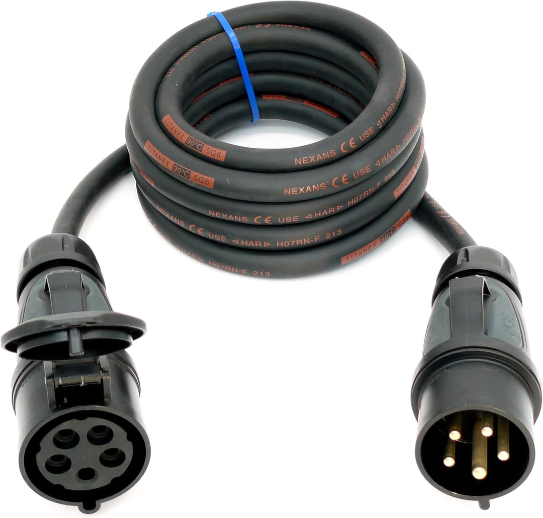 CEE Starkstromkabel (1,5m-50m) 32A Verlängerungskabel Titanex H07RN-F 5x6mm² mit schwarzem PCE Grip