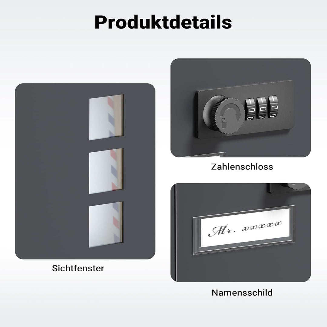 Wiltec Briefkasten anthrazit 215x320x90mm Briefkasten mit Zahlenschloss, Namensschild und Sichtfenst