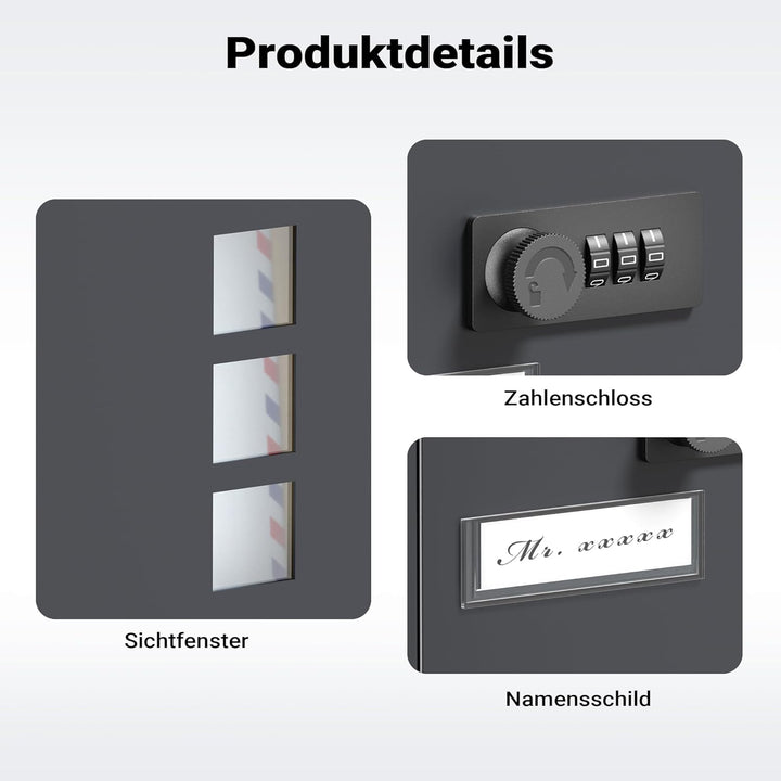 Wiltec Briefkasten anthrazit 215x320x90mm Briefkasten mit Zahlenschloss, Namensschild und Sichtfenst