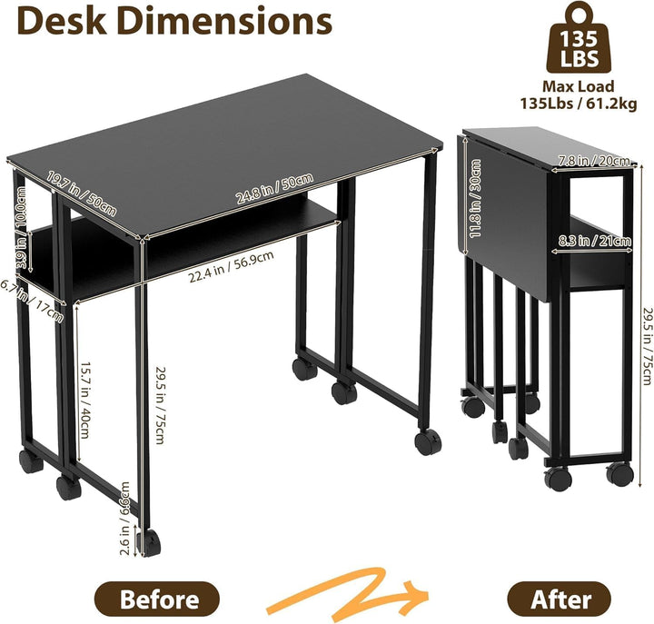 Faltbarer Computertisch 24,8 Zoll Auf Rollen, Kompakter Klapptisch Aus Hochwertiger Spanplatte + Eis