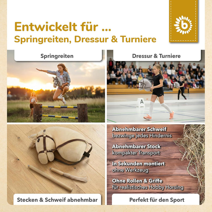 Bieco Hobby Horse Steckenpferd Beige - Grösse S, mit Trense | Abnehmbarer Stock &amp; Schweif, für Sprin