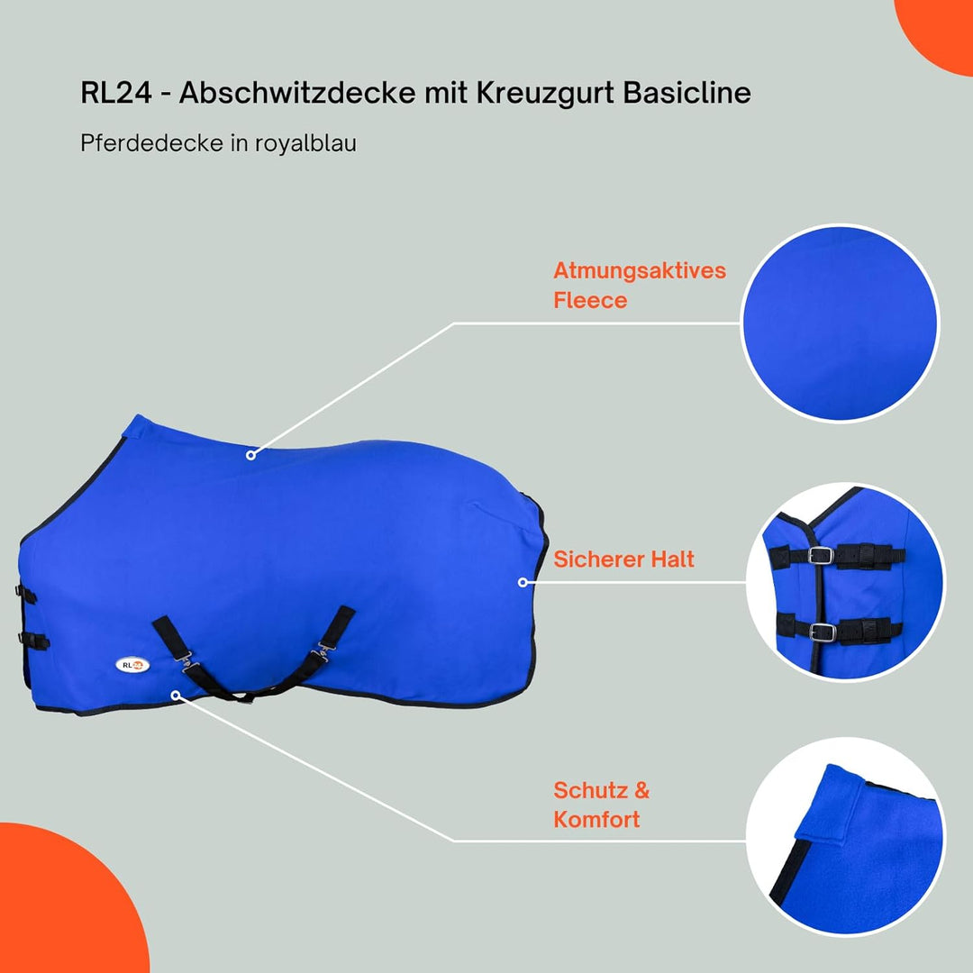 RL24 - Abschwitzdecke BASICLINE mit Kreuzgurt fürs Pferd ist atmungsaktiv Fleecedecke Transportdecke