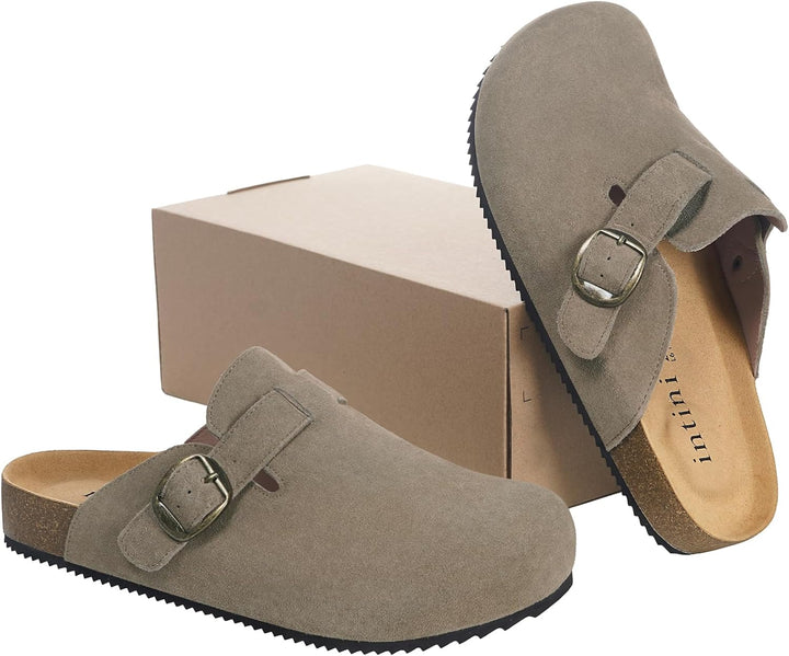 Intini Clogs Damen Herren Hausschuhe mit Fussbett Leder Pantoletten Gartenschuhe Geschlossene Bequem