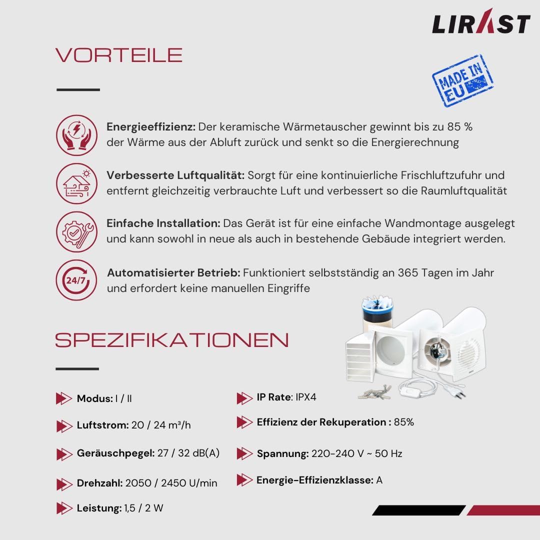 Ø 100mm Dezentrale Wohnraumlüftung mit Wärmerückgewinnung / Mit Kabel und Zugschnur Mit Kabel und Zu