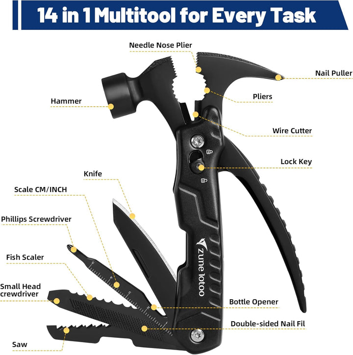 Zune Lotoo Multitool Camping Hammer, 14 in 1 Tragbares Multitool Werkzeug aus Edelstahl, Survival Mu