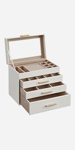 SONGMICS Schmuckkästchen, Schmuckkasten mit 4 Ebenen, Schmuckbox mit Glasdeckel, 3 Schubladen, für S