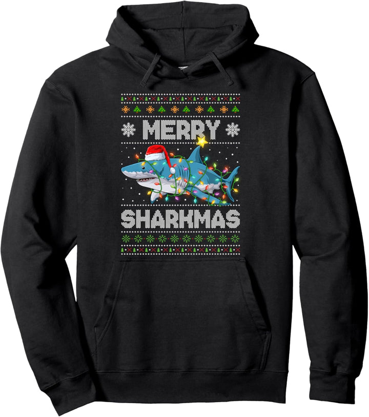Merry Sharkmas Shark Santa Hässliche Weihnachtsbeleuchtung Pullover Hoodie