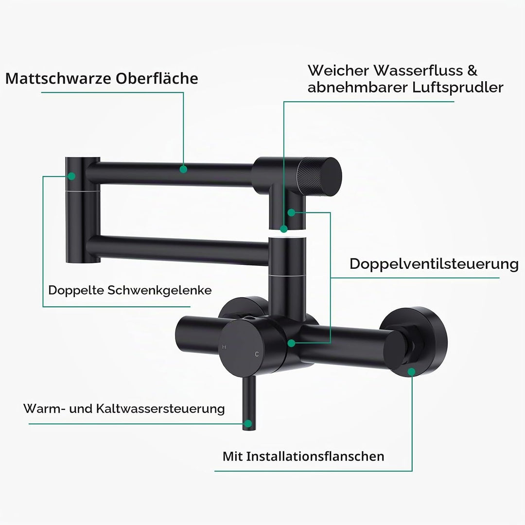 CREA Faltbare Wandarmatur für Küche, 360° Schwenkbar mit Zwei Griffen, Mischbatterie Spültischarmatu