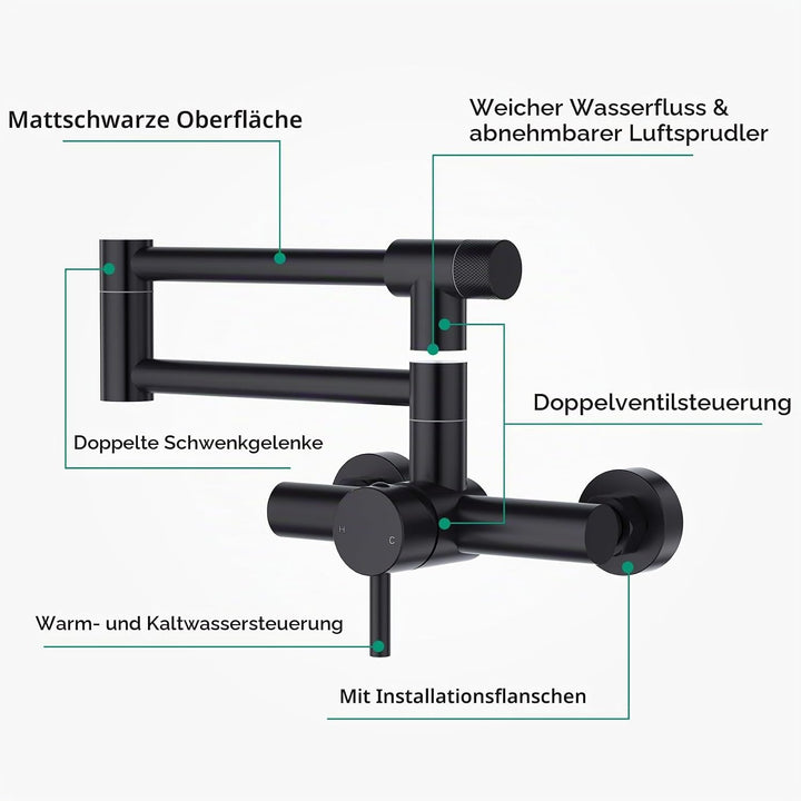 CREA Faltbare Wandarmatur für Küche, 360° Schwenkbar mit Zwei Griffen, Mischbatterie Spültischarmatu