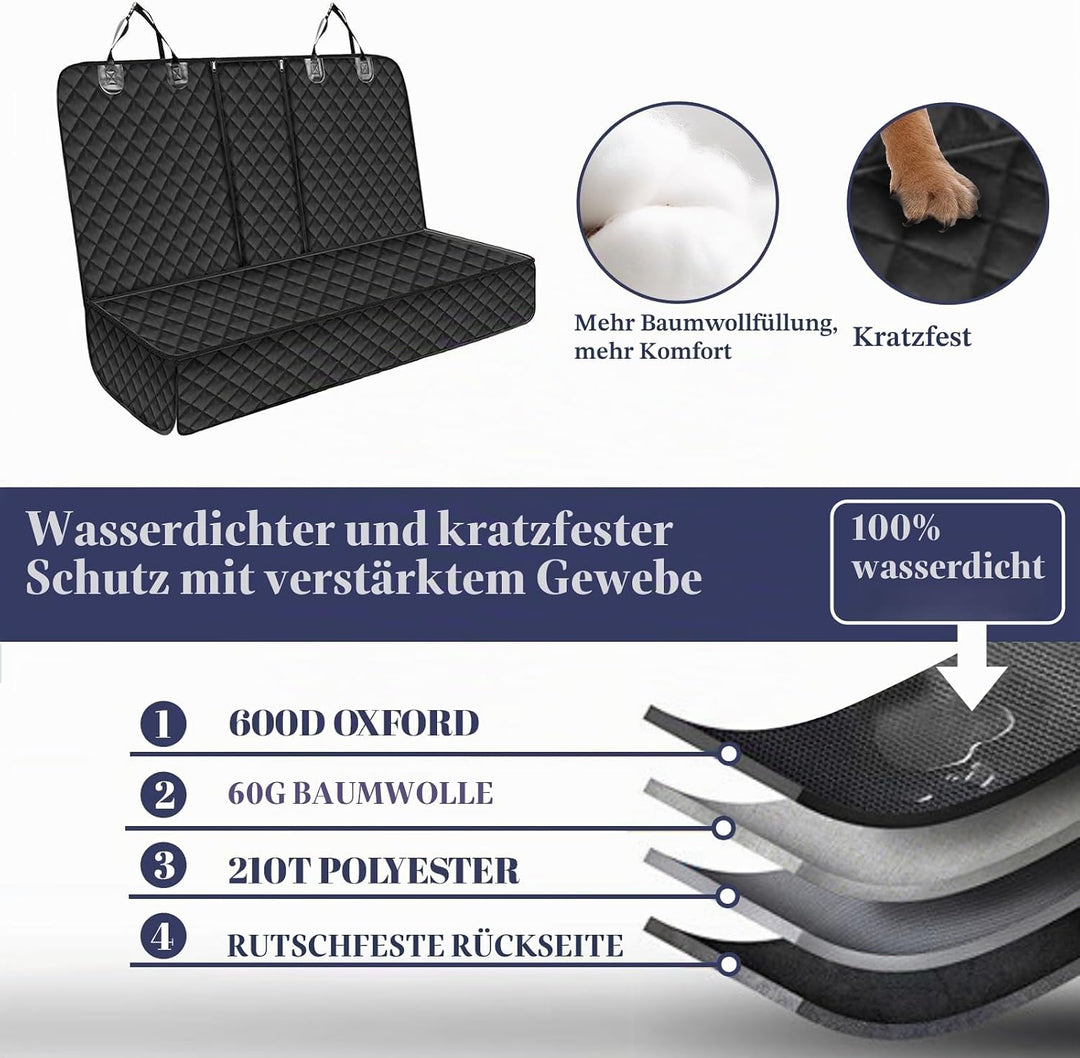 Hundedecke Auto Rückbank, Autoschondecke Hund Rücksitz mit 1 Elastischen Hundesitzgurt, 135x120cm, K