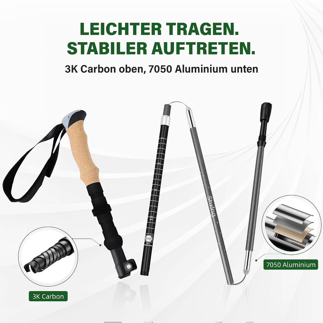 Wanderstöcke faltbar 2er Set, 35 cm, 3K Carbon-Alu | 35 cm Faltmass; 110–135 cm; 3K Carbon + 7050 Al
