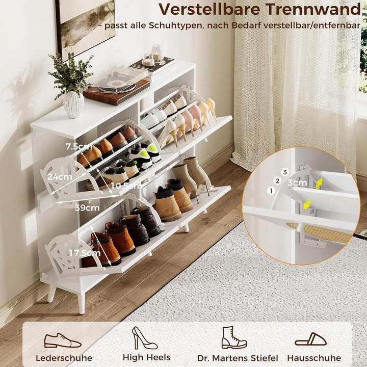 IRONCK Schuhschrank Rattan, schmal Schuhkipper mit 4 Klappen, freistehende Schuhregal, Schuhkommode