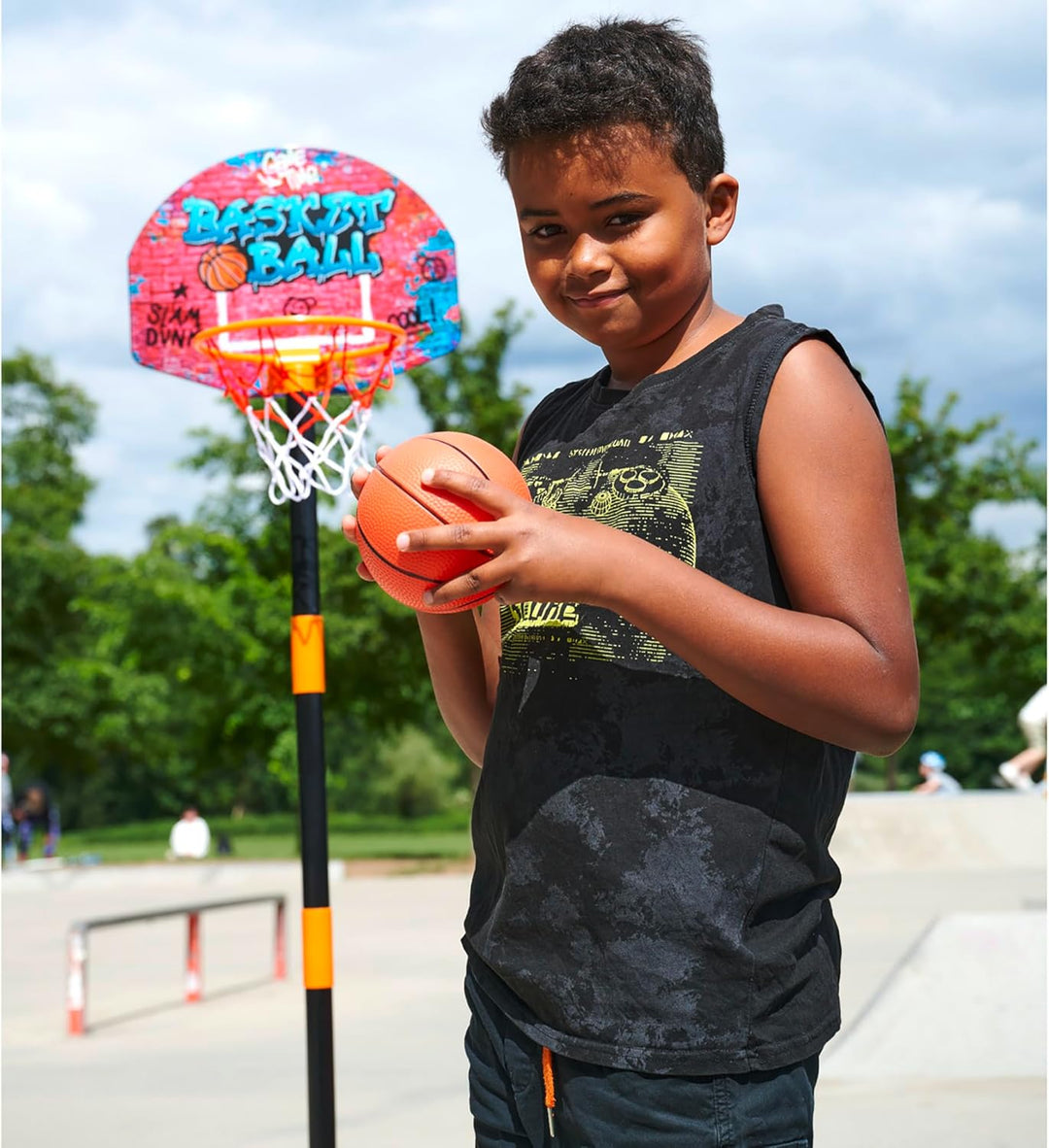 Simba 107407609 - Basketball Set mit Ständer, Brett 40x31cm, Korb mit Netz 24cm, Ball 16cm, höhenver