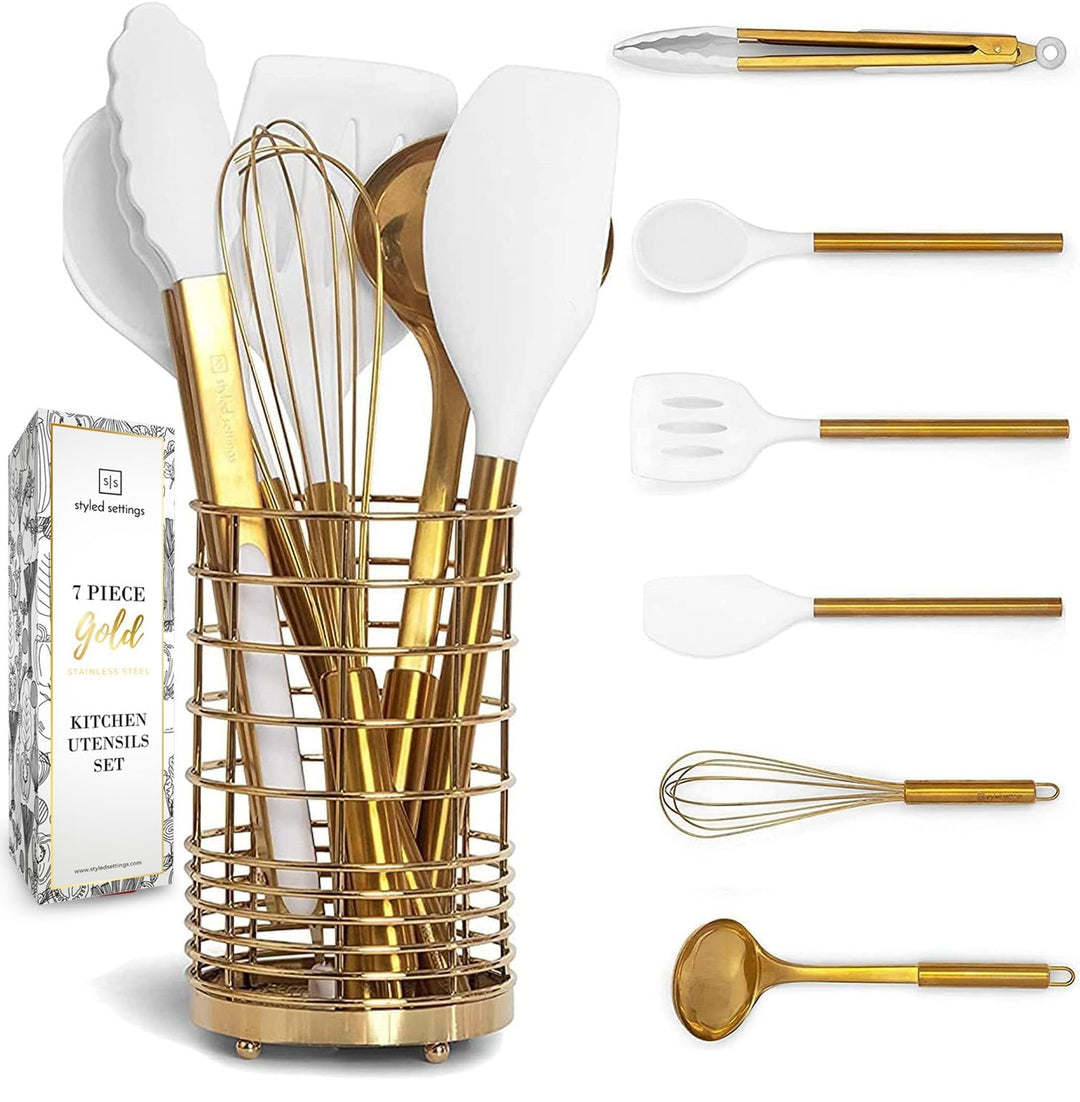 White Silicone and Gold Cooking Utensils Set with Gold Utensil Holder: 17PC Set Includes White &amp; Gol