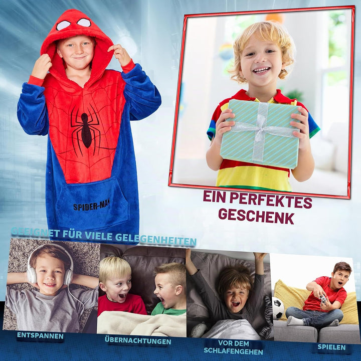 Marvel Spiderman Hoodie Decke Kinder Jungen Übergrösse Kuscheldecke mit Ärmeln, Warm Fleece Kapuzenp