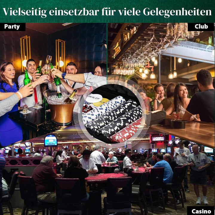 HOMASIS Pokerset mit 500 Chips, Poker Koffer mit 2 Kartendecks, 5 Würfel, Kasino-Matte, 3 Dealer But