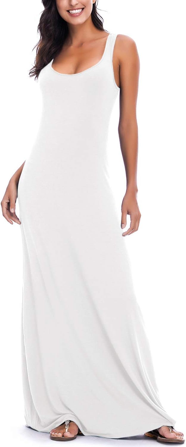 EXCHIC Damen Sommer Leichte Ärmellos Strand Maxi Kleid Elegant Elastisch Tunika Lang Kleider S Weiss