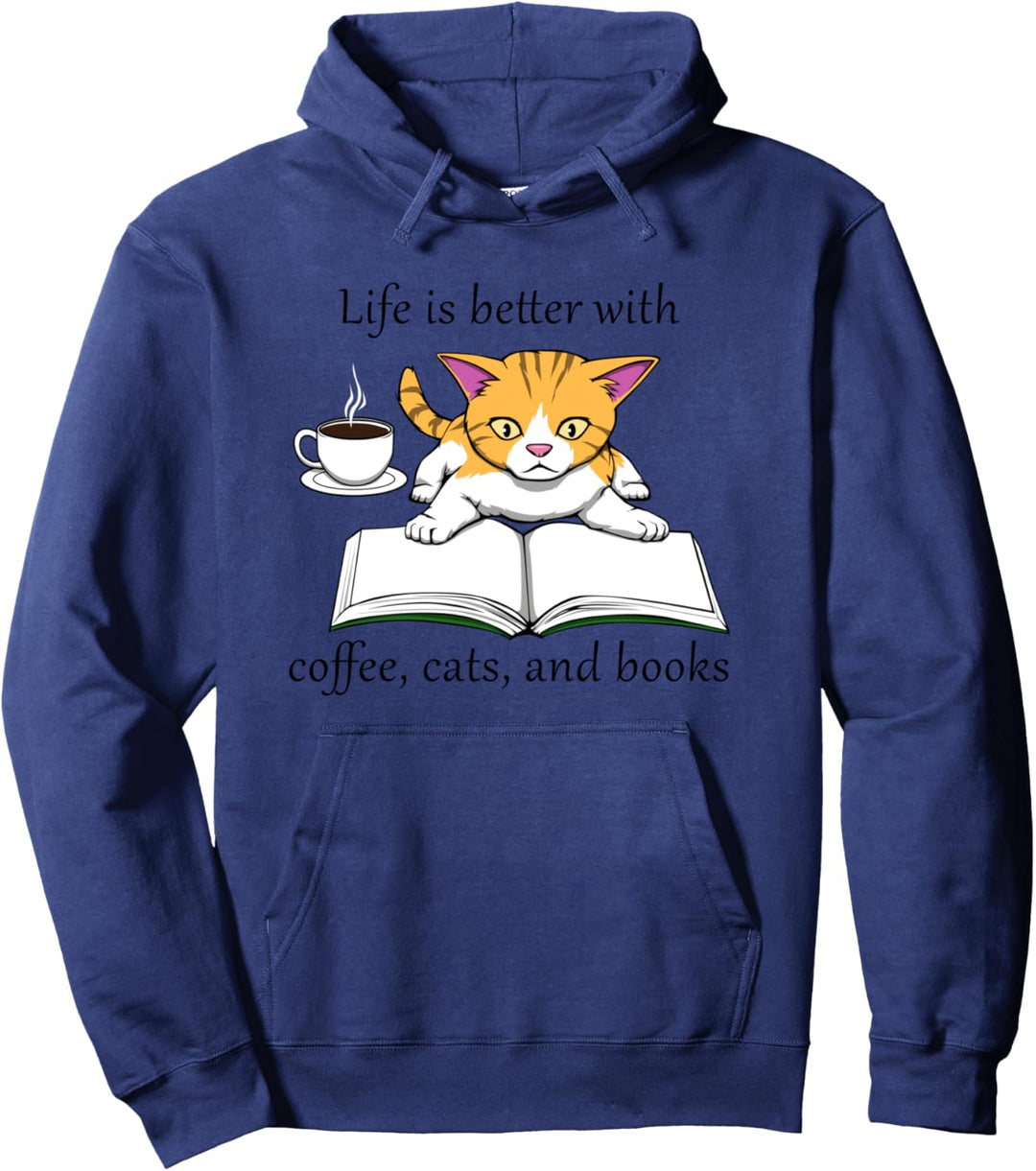 Gemütliche Katze Buch Lesen Kaffee Pullover Hoodie
