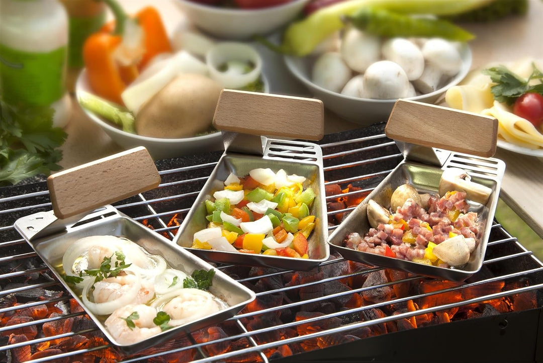 matrasa 2er Grillpfännchen RACLETTE - Grillpfannen mit abnehmbarem Griff und Spatel