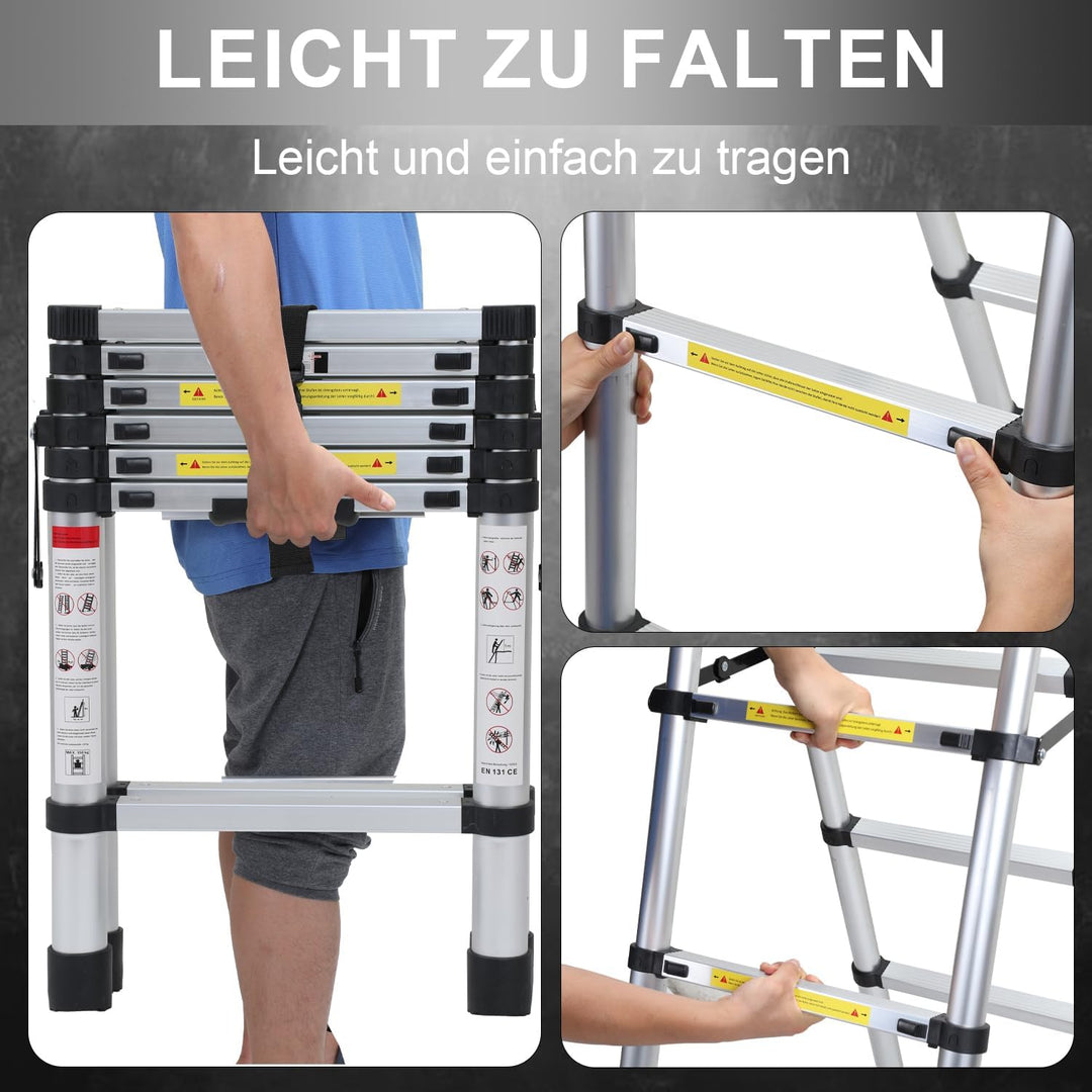 Eulenke Teleskopleiter 1.7m+2.0m Aluminium Trittleiter 5+6 Stufen Tragbare rutschfeste Klappleiter,