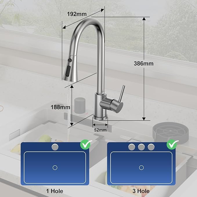 Küchenarmatur mit Ausziehbrause, 3 Strahlarten Wasserhahn Küche 360° Schwenkbar, Edelstahl SUS304 Sp