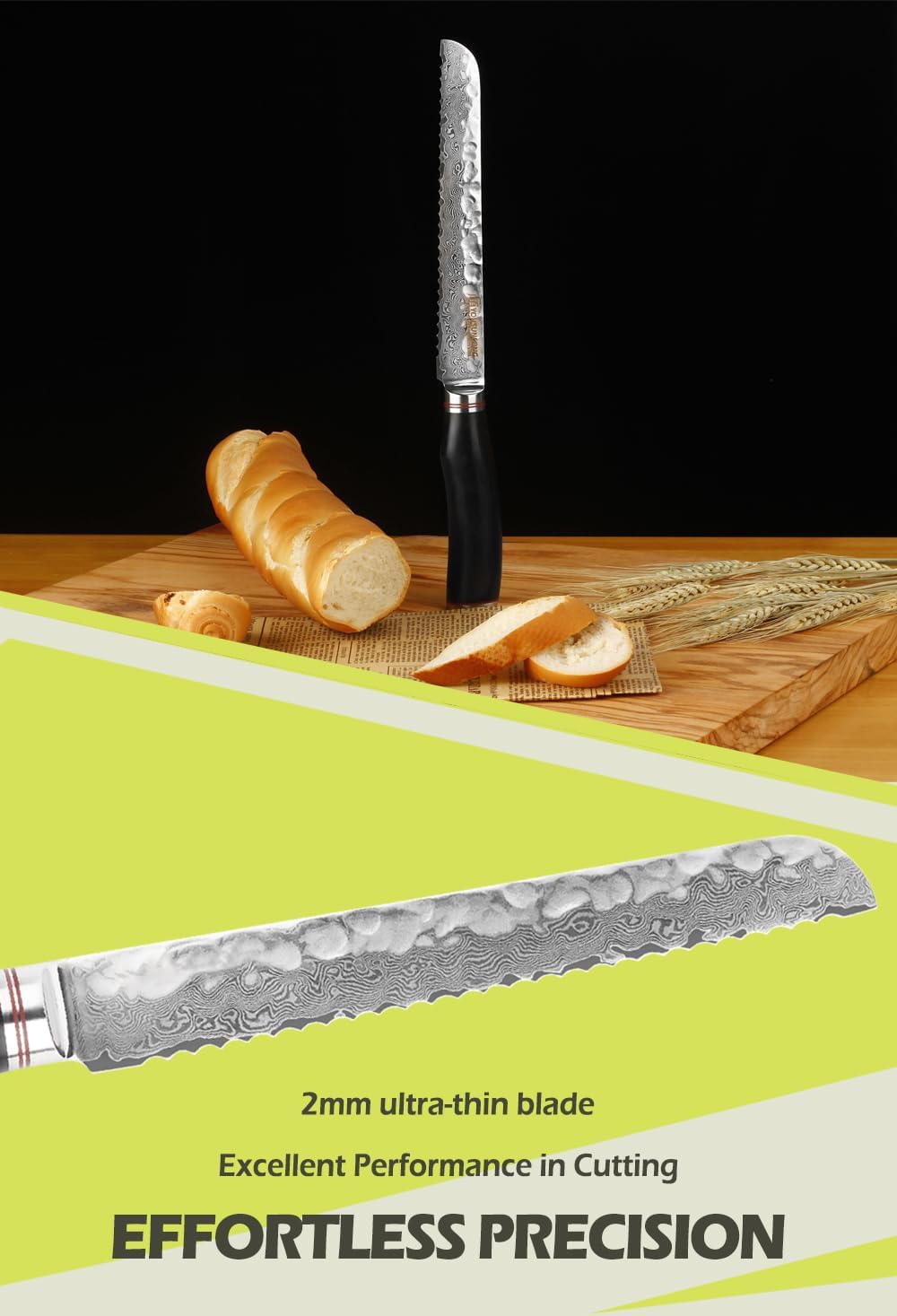 YOUSUNLONG Gezacktes Brotmesser - 20,3 cm (203 mm) - Feinkostmesser - japanischer gehämmerter Damast