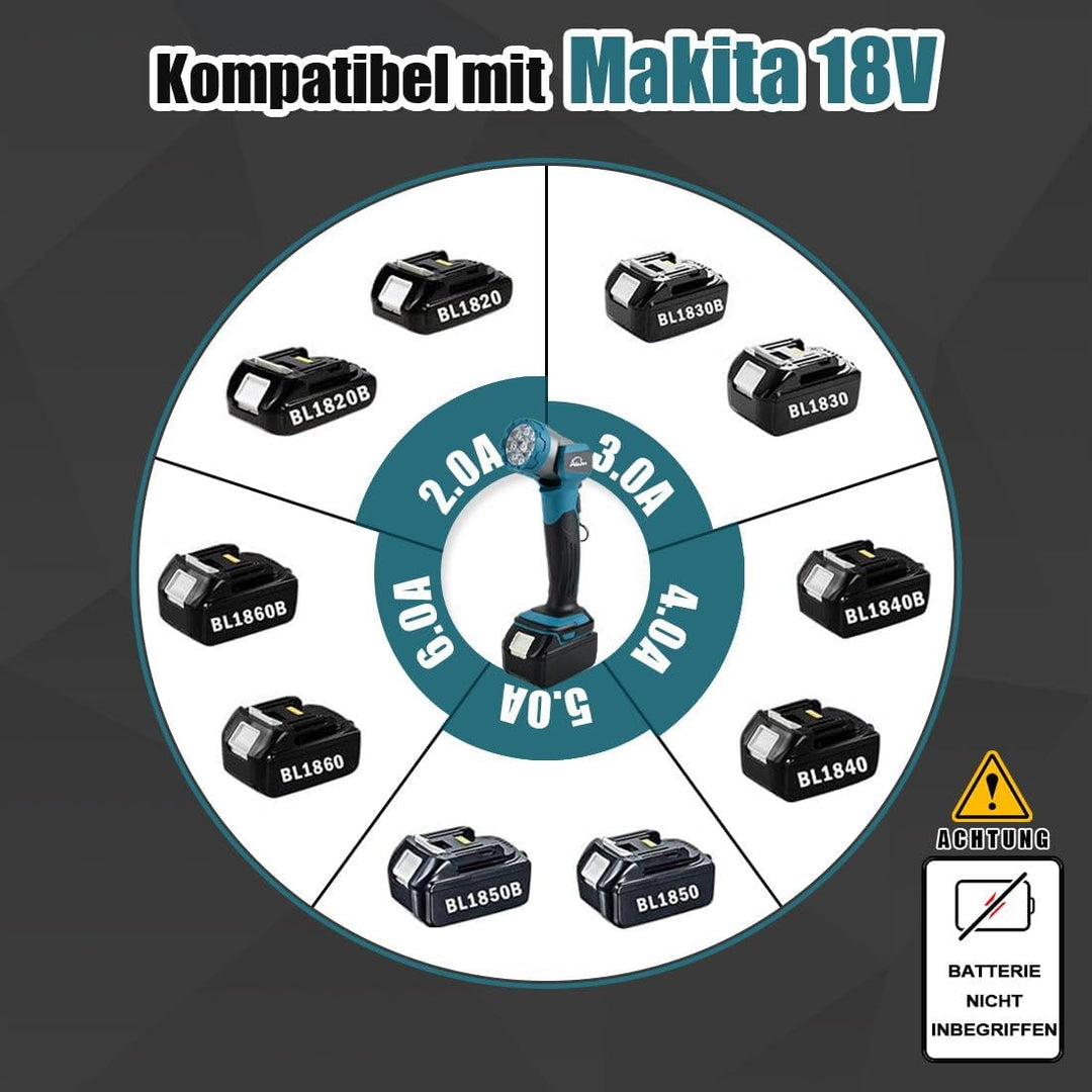LED Taschenlampe für Makita 18V Batterie 30W Tragbarer Arbeitsleuchte 3000LM Akku-Lampe für Camping,