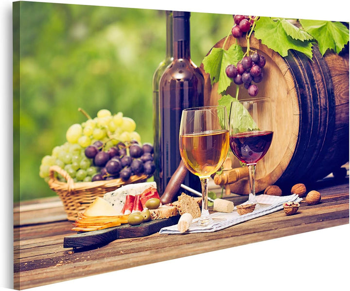 islandburner Bild auf Leinwand Wein Käse Tisch Close Up Bilder Wandbilder Poster Leinwand 100x57cm,