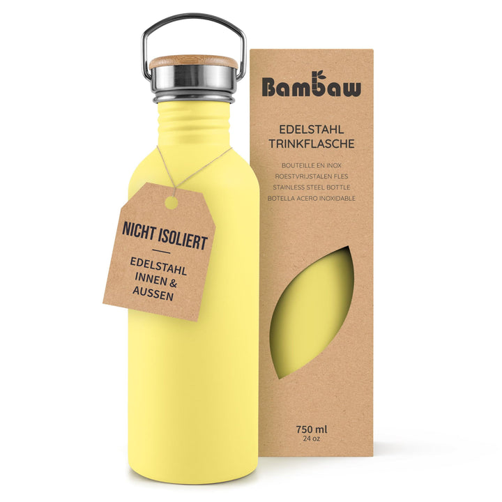 Bambaw Trinkflasche Edelstahl 750ml, Nicht-isolierte Gelbe Trinkflasche, Trinkflaschen Spülmaschinen