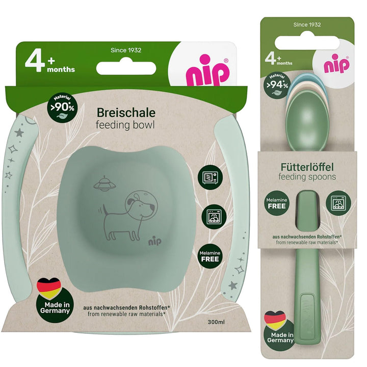 NIP Geschirrset ab 4. Monat, 2 Breischale + 3 Eatgreen Babylöffel, Melamin frei, BPA frei, Spülmasch