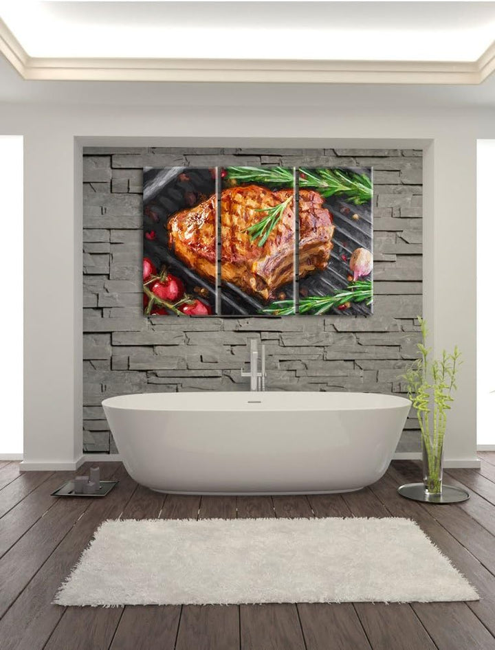 Pixxprint Steak mit Rosmarien garniert als Leinwandbild/Grösse: 3 Teilig (120x80) cm/Wandbild/Kunstd