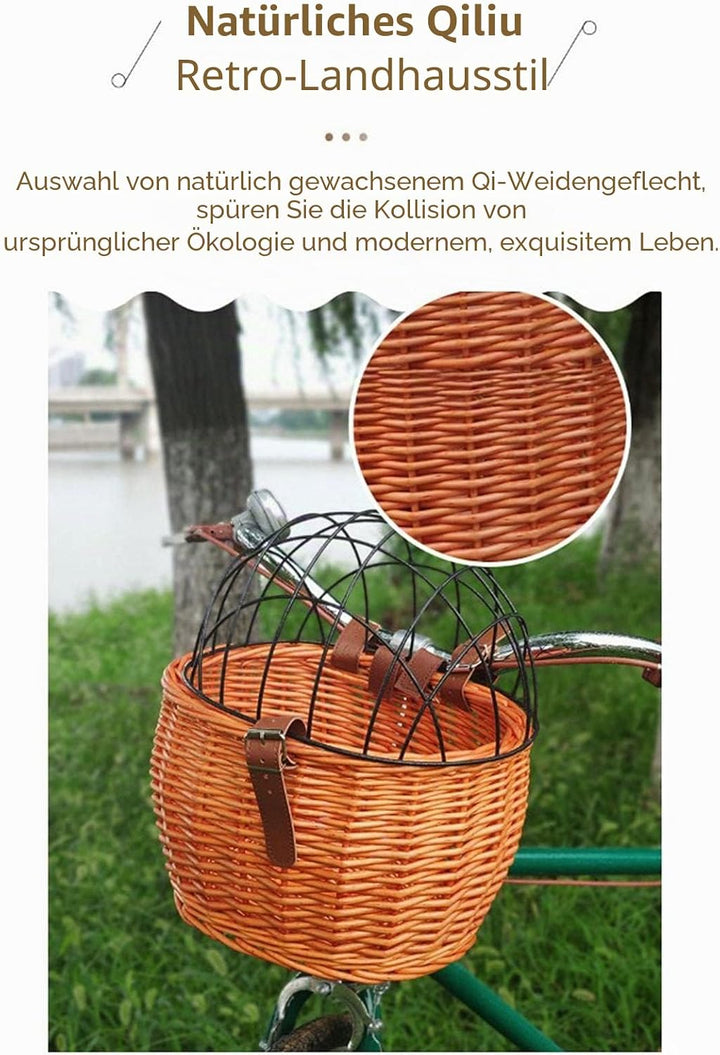 Fahrrad-Haustierkorb, Fahrradkorb aus Weidengeflecht für Kleine Hunde, Katzen, Vorderkorb mit Drahtg