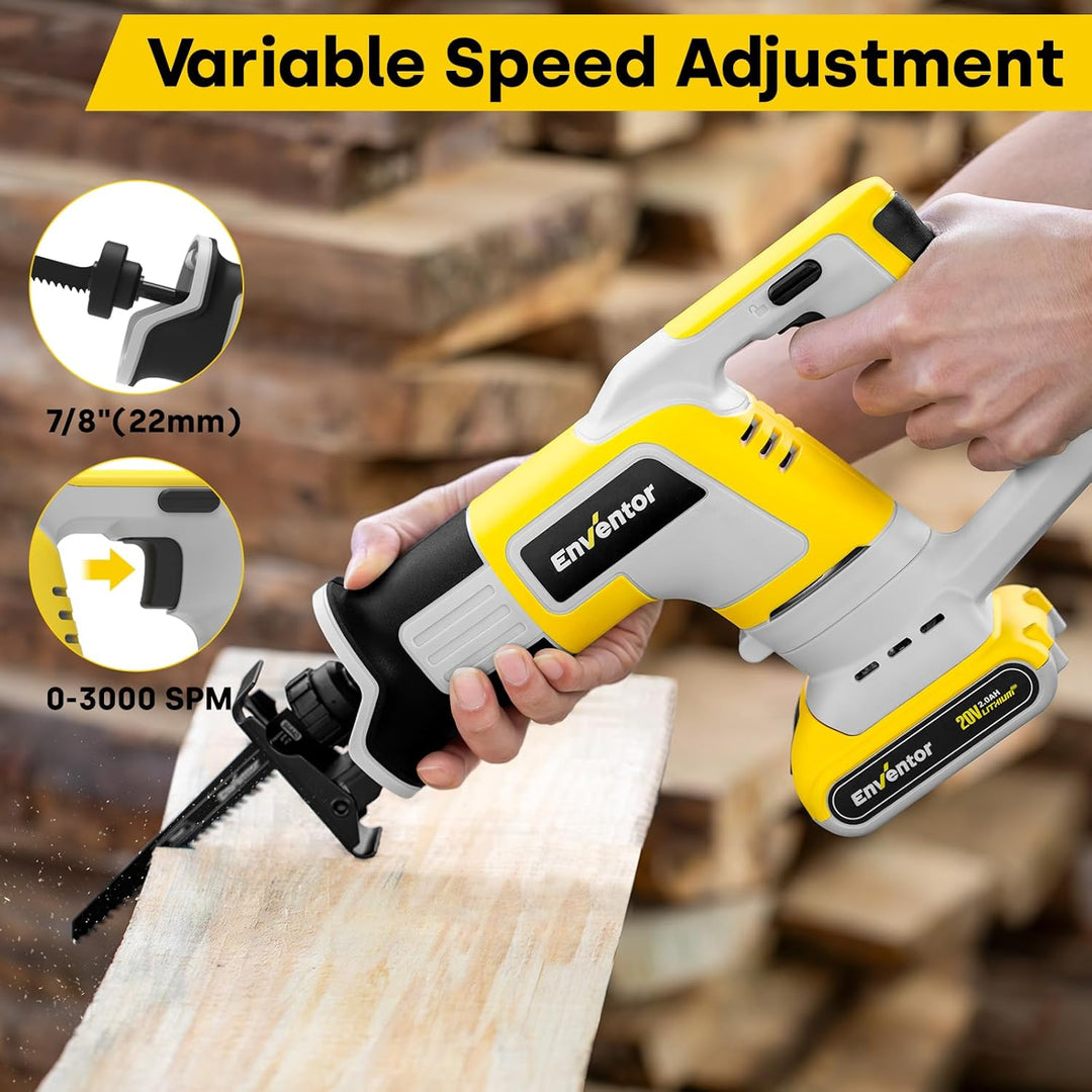 Enventor Akku Säbelsäge 20V, Universalsäge mit 2x2,0mAh Akku, Strichlänge 22mm, Variabler Drehzahl v