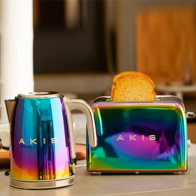AKIS La Fête Design Toaster und Wasserkocher Set aus Edelstahl in Regenbogen bunter Farbe Modern, To