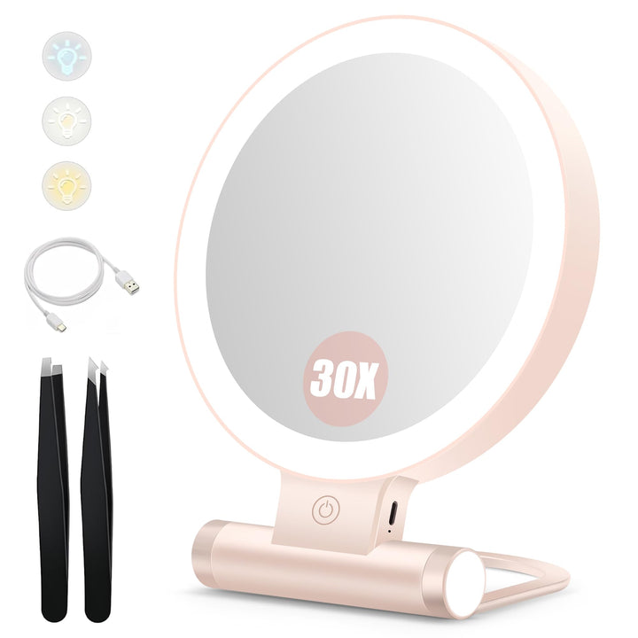 B Beauty Planet Kosmetikspiegel mit Beleuchtung, 30 fache/1-fach Doppelseitige Tischspiegel,3 Farbli
