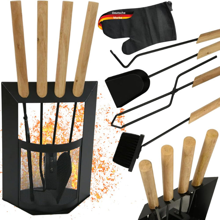 Kaminbesteck modern THEO | 6-teilig mit Holzgriff | Schürhaken Besen Ascheschaufel | Kamingarnitur S