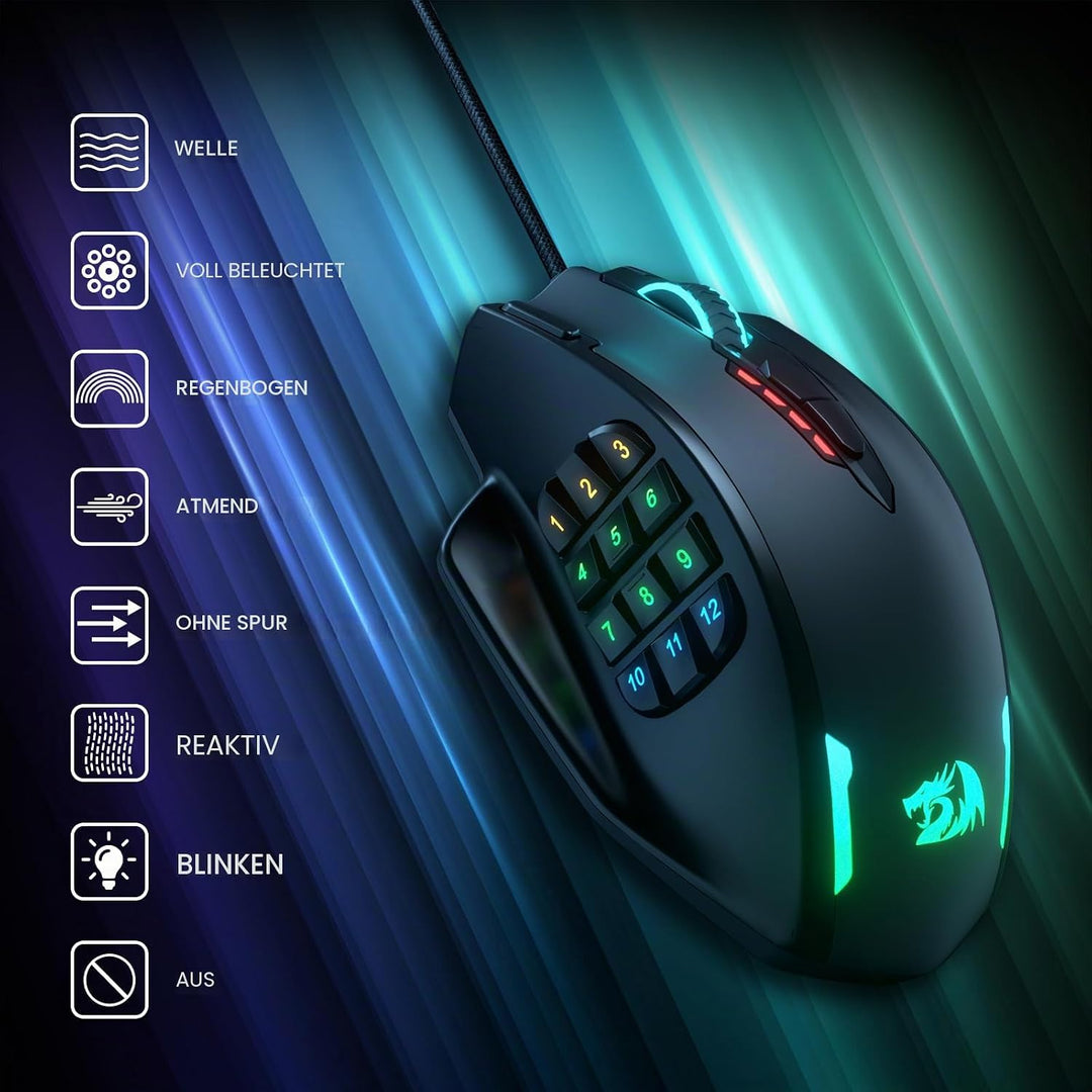 Redragon M908 Impact RGB LED MMO Maus USB Laser Gaming Maus mit 12400dpi, Hohe Präzision, 20 program