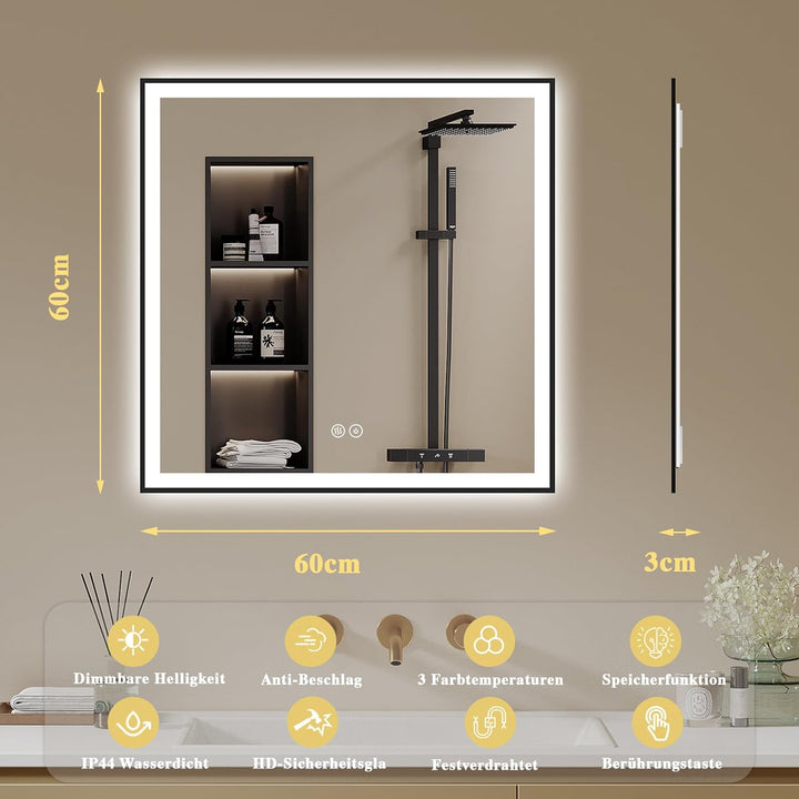 Badspiegel-mit-Beleuchtung 60x60cm - Badezimmerspiegel LED Badezimmer Spiegel mit Beleuchtung - Besc