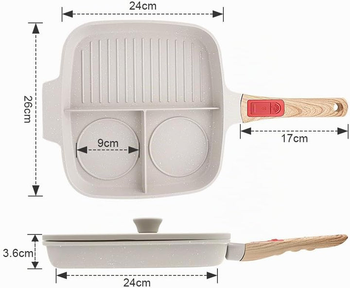 Bobikuke Multi Grillpfanne mit Deckel und Abnehmbarer Griff, Steakpfanne Induktion 3 in 1 - Weiss We