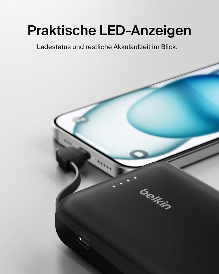 Belkin BoostCharge Power Bank, Portable Powerbank 10000mAh mit integriertem Kabel, PD 20 W – USB-C P
