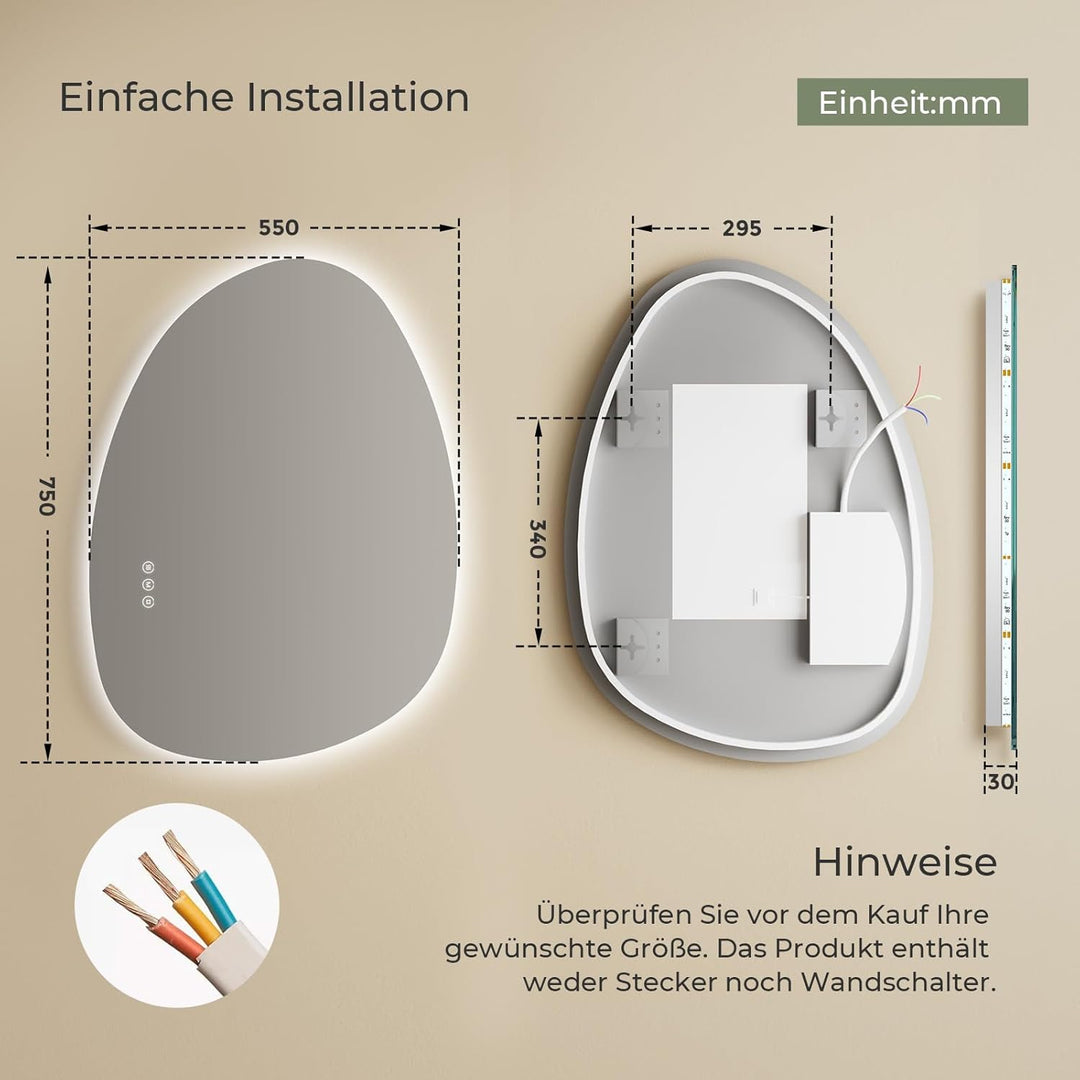 S'AFIELINA Spiegel mit Beleuchtung Asymmetrischer LED Badspiegel 75 × 55 × 2,5 cm (H × B × T) mit To