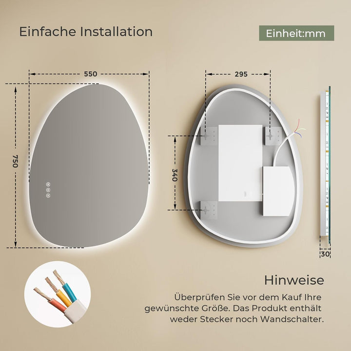 S'AFIELINA Spiegel mit Beleuchtung Asymmetrischer LED Badspiegel 75 × 55 × 2,5 cm (H × B × T) mit To