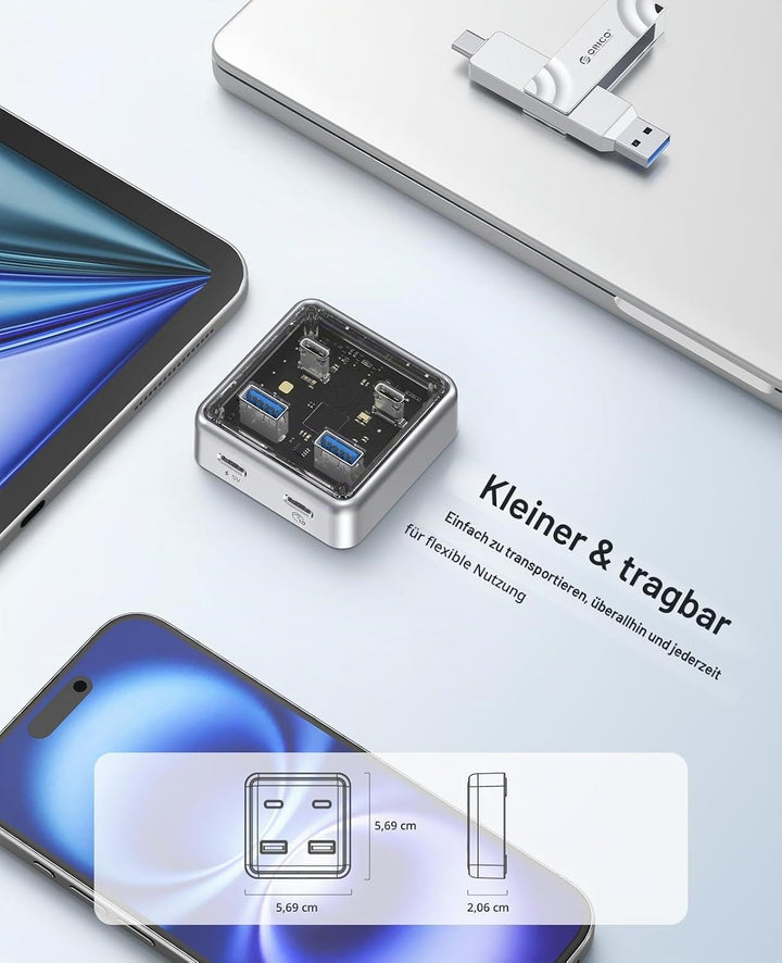 ORICO USB Hub 3.2, 4 Port USB 3.2 Gen2 Verteiler mit 2 Typ A/C Anschlüsse, 10Gbps Zinklegierung Mult