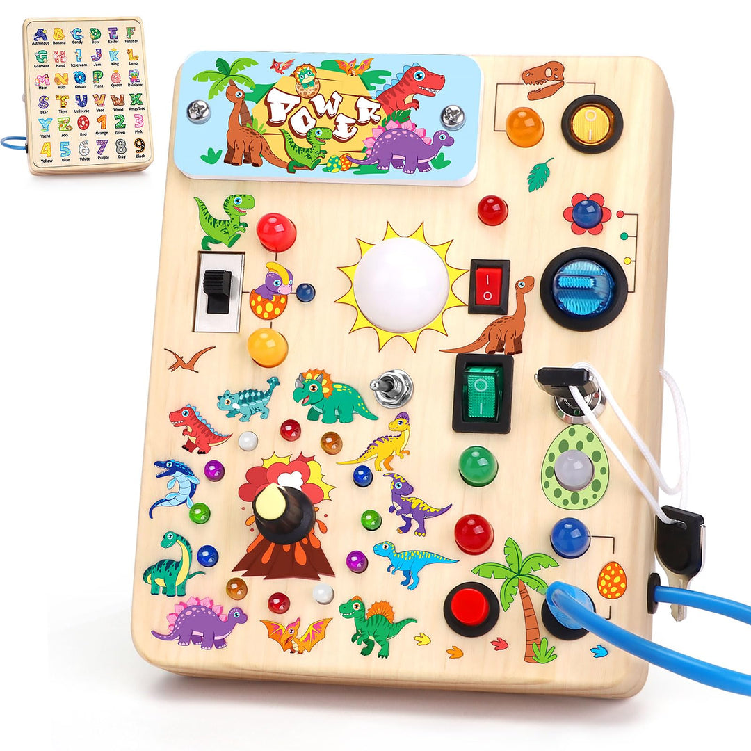Dinosaurier Busy Board Montessori Spielzeug ab 1 jahr Activity Board Holzspielzeug Mit 10 Schaltern