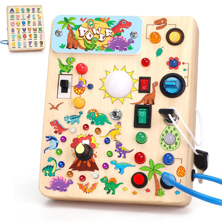 Dinosaurier Busy Board Montessori Spielzeug ab 1 jahr Activity Board Holzspielzeug Mit 10 Schaltern