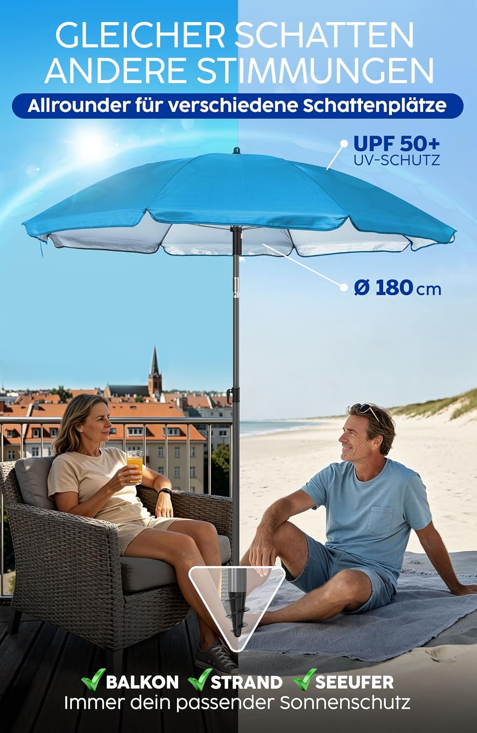 4smile Sonnenschirm Strand SunnyJoy - UPF 50+ Strandschirm Ø 180 cm, sicherer Sonnenschutz Strand, S