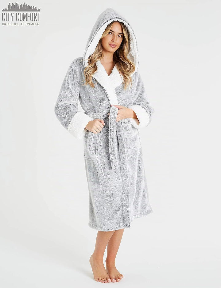 CityComfort Bademantel Damen Flauschig, Fleece Morgenmantel Damen Dressing Gown Women XL Grau, XL Gr