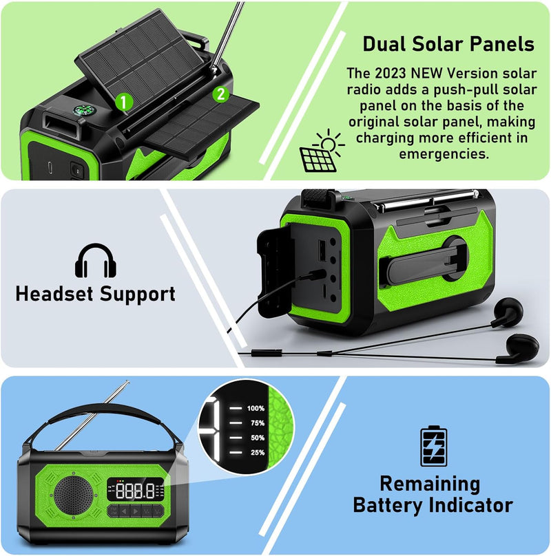 12000mAh Kurbelradio mit Handyladefunktion, Solar Radio mit 2 Sonnenkollektoren, AM/FM Tragbar Notfa