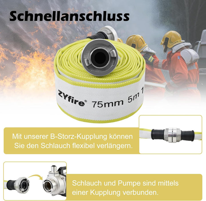 ZYfire Feuerwehrschlauch 75mm x 5m | 3 Zoll Feuerschlauch mit B-Storz Kupplung | flexibler Wassersch